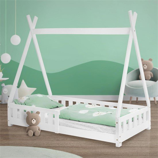 ML-Design Kinderbett Tipi aus Kiefernholz in Weiß mit Rausfallschutz und Lattenrost, B/T/H: 80 x 160 x 150 cm - Bild 1