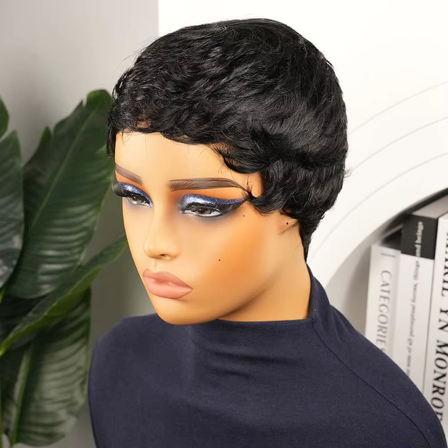 OYM HAIR Pixie-Perücke, Remy-Echthaar, gewellt, schwarz, Damen - Bild 2