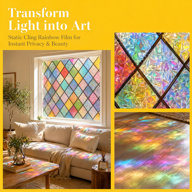 BUNPIG Diamant-Buntglas-Sichtschutzfolie in Multicolour, statisch haftend, Regenbogenprisma-Design mit UV-Schutz für Fenster in Wohnzimmer und Schlafzimmer - Bild 1