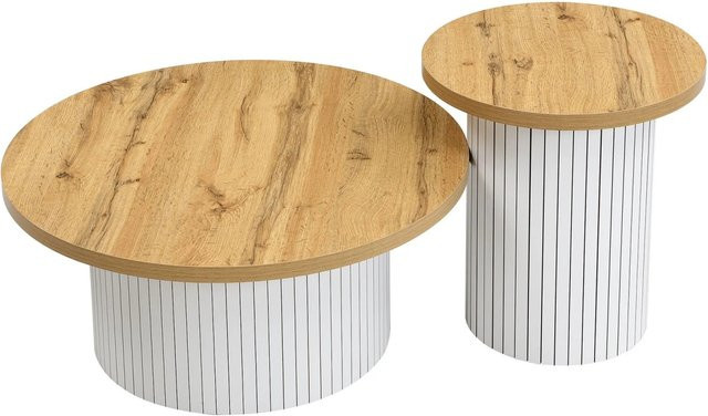 okwish Couchtisch im nordischen Stil mit doppelten runden Tischplatten aus MDF in Natur und Weiß, B/T/H: 75 x 75 x 50 cm - Bild 1