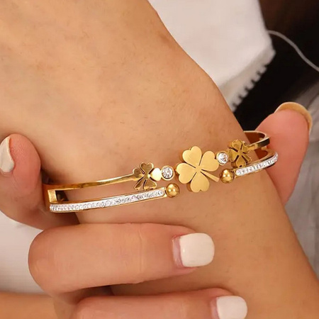 LUXUKISSKIDS Armreifen, Kleeblatt-Design, Zirkonia, Gold-PVD-Beschichtung, Damen