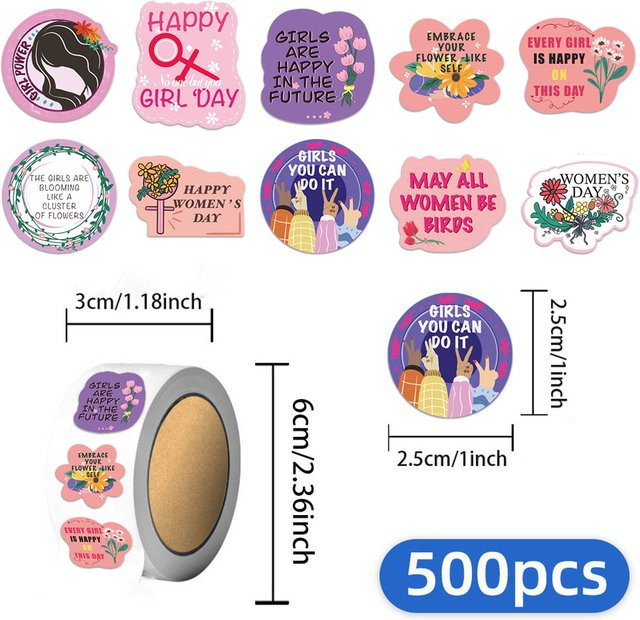500 Stück dekorative Aufkleber zum Frauentag mit 10 verschiedenen Designs in Mehrfarbig, Durchmesser: 2,5 cm - Bild 1