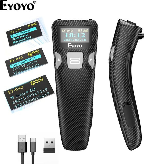 EYOYO Tragbarer Bluetooth Handheld Barcode-Scanner für 1D und 2D QR-Codes mit Digitalanzeige in Schwarz - Bild 1