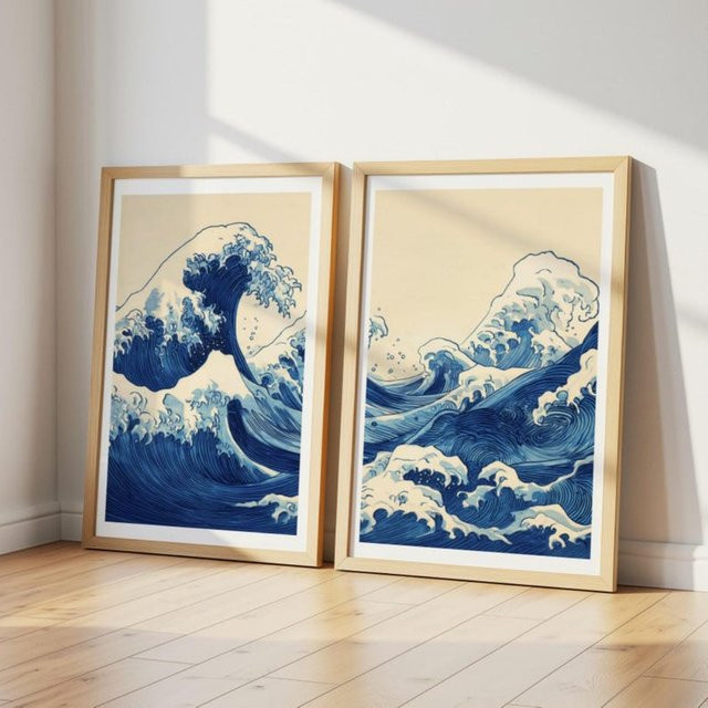 2-teiliges rahmenloses Retro-Wandkunst-Set von HALFLEMART mit japanischen Wellen und blauer Meeresküsten-Dekoration als grafisches Papierposter - Bild 1