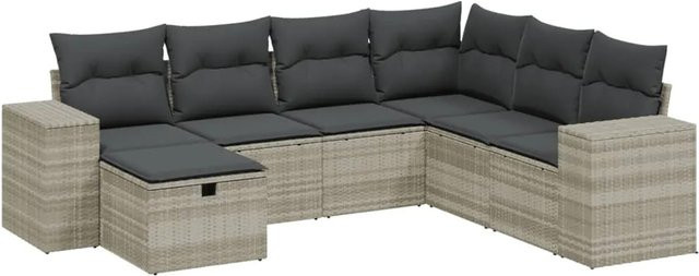 vidaXL 7-tlg. Garten-Sofagarnitur in L-Form mit Kissen und Ottoman, Hellgrau, Poly Rattan - Bild 1