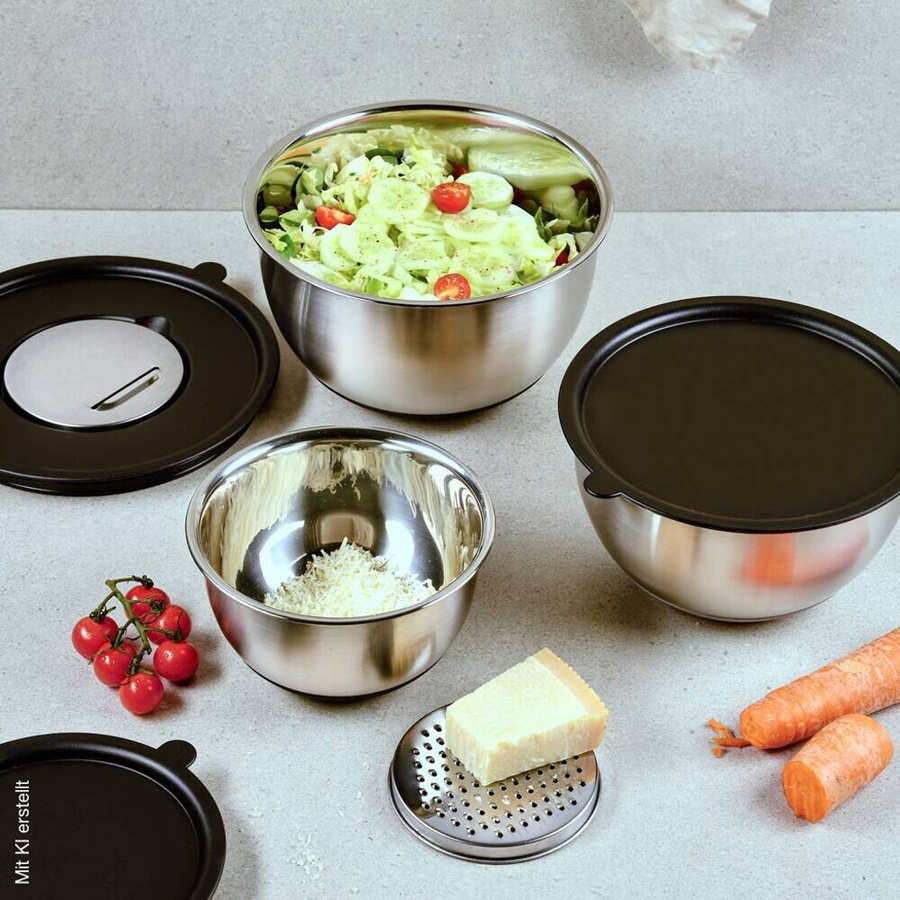 Kesper Rührschüssel Set aus 3 Teilen mit 3 Reiben, Silber und Schwarz, B/H/T: 26 x 13,5 x 26 cm - Bild 2