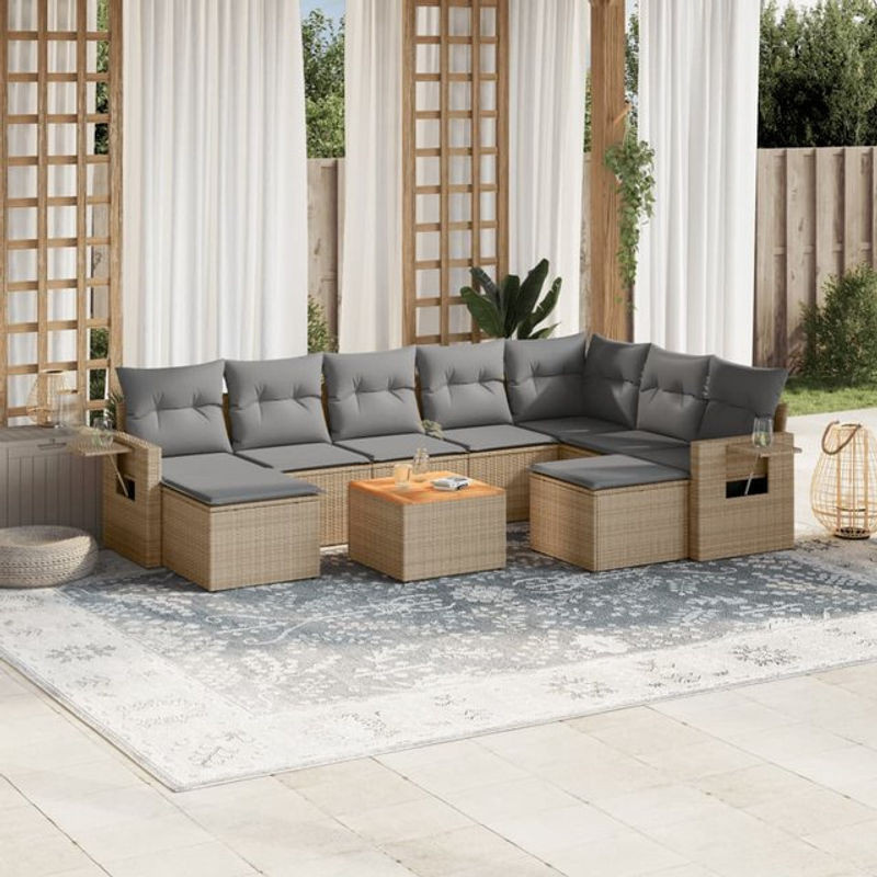 Vidaxl Gartenmöbel-Set aus Rattan und Holz mit 10-teiligem Kissen-Set in Beige und Grau - Bild 1