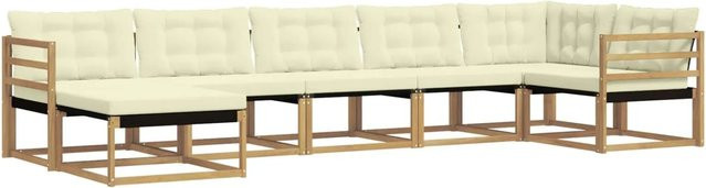 vidaXL Outdoor-Sofagarnitur 7-teilig in L-Form aus Akazienholz mit Kissen in Weiß und Beige - Bild 1