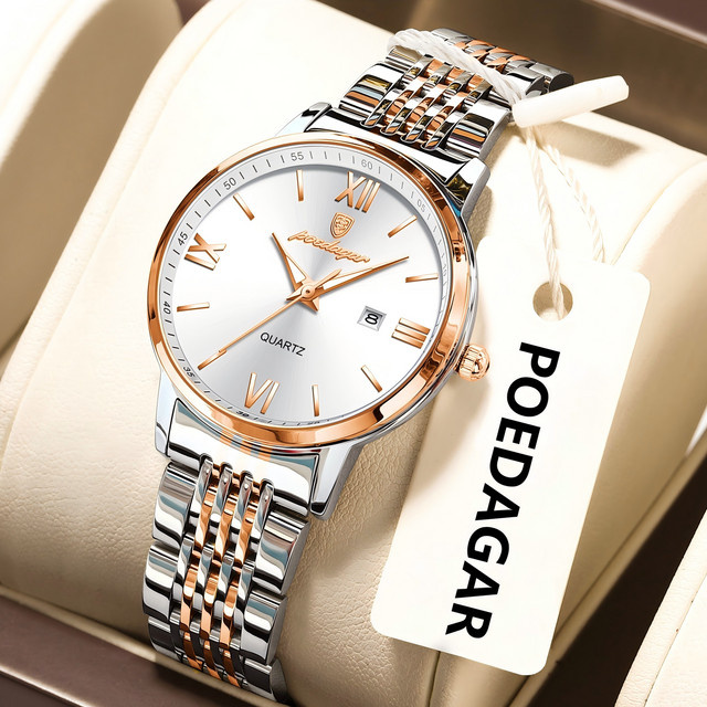POEDAGAR Armbanduhr Edelstahl, Quarz, Silber, Damen, Datum, Wasserdicht - Bild 1