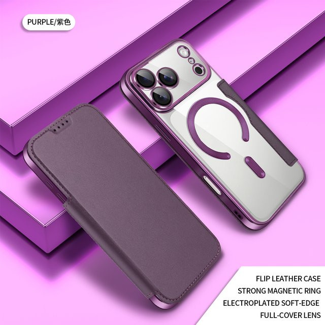 Magnetische Kunstleder Handyhülle für iPhone 17 Pro Max mit Kartenfach und Linsenschutz in Grün und Lila - Bild 1