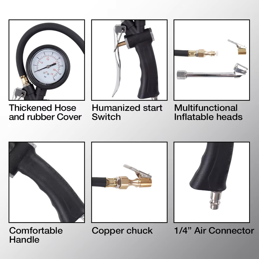 TEMPS DETIR Professionelle Reifendruckpistole mit Aufblasdüse und hochpräzisem Manometer 0-230 psi in Schwarz - Bild 3