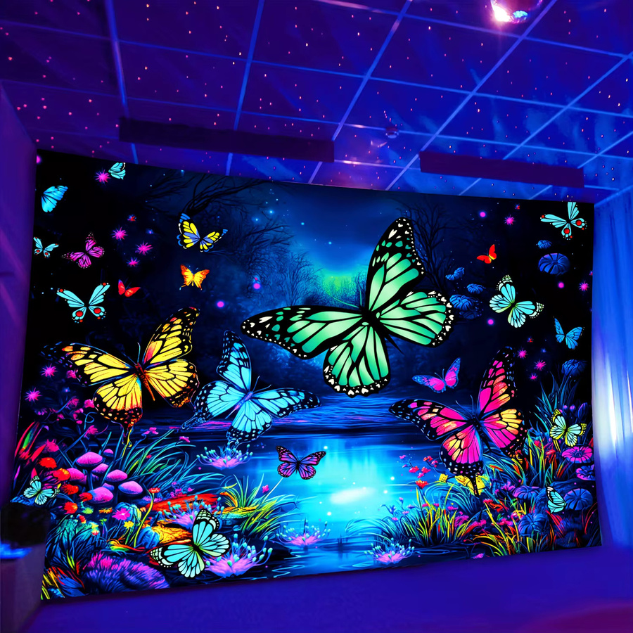 VIKAMA Schwarzlicht-Wandteppich mit Schmetterlingen und Baum des Lebens, fluoreszierender psychedelischer Wandbehang in Multicolour, Breite: 60 cm, Höhe: 40 cm - Bild 2
