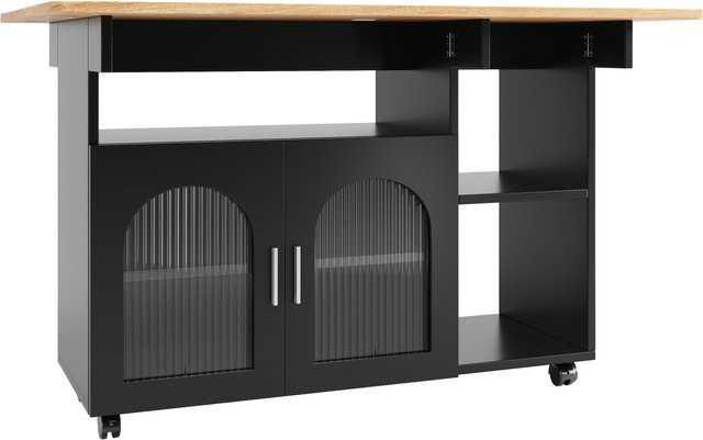 Moderne Kücheninsel FC als multifunktionaler Servierwagen mit Glastürschränken und Stauraum, Schwarz/Braun, B: 120 cm, T: 30 cm, H: 79,5 cm - Bild 1