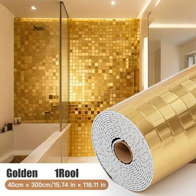 Selbstklebende 3D Mosaik Tapete von Lucky Black Cat in Gold, wasserdichte und reflektierende Vinyl-Wandgestaltung für das Badezimmer, Breite: 60 cm, Länge: 300 cm - Bild 1