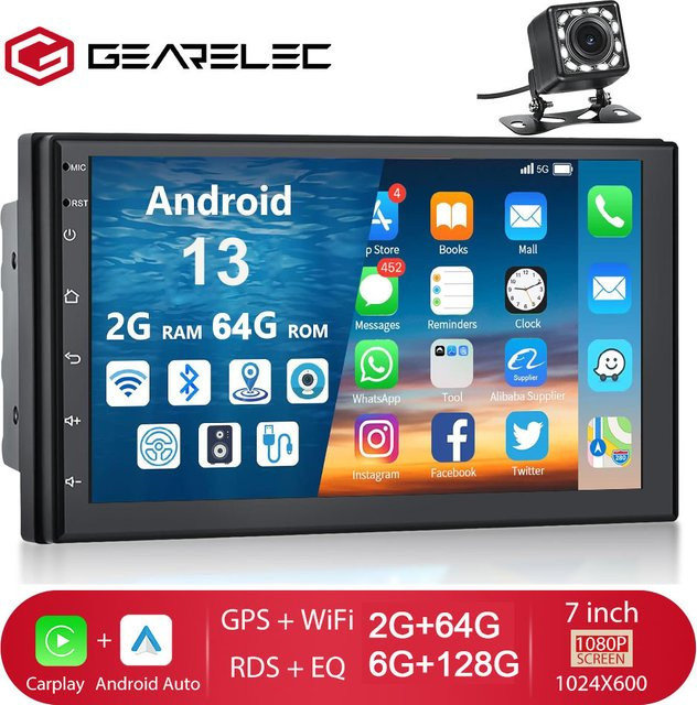 Gearelec Autoradio 2 Din Multimedia-Videoplayer mit Android 13, Carplay und Android Auto, 7 Zoll Display, Schwarz - Bild 1