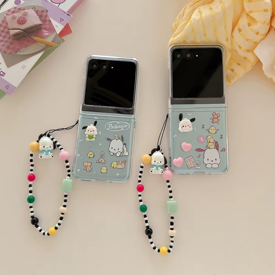 Sanrio Pochacco Transparente Schutzhülle für Samsung Galaxy Z Flip 8 7 6 5 mit Trageriemen und Anhänger-Dekoration - Bild 2