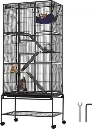 VEVOR Rollender Kleintierkäfig aus Metall in Schwarz, Großer 4-stöckiger Käfig mit Rampen und Tablett für Frettchen, Hamster, Meerschweinchen und Chinchillas, H x B x T: 175,5 x 75,5 x 45,5 cm
