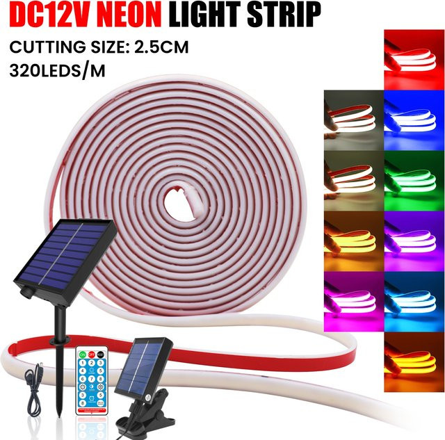 HEGEHE COB Solar Neon LED Streifen 12V mit Fernbedienung, dimmbar, IP68 Outdoor Lichtband in Weiß und Gelb - Bild 1