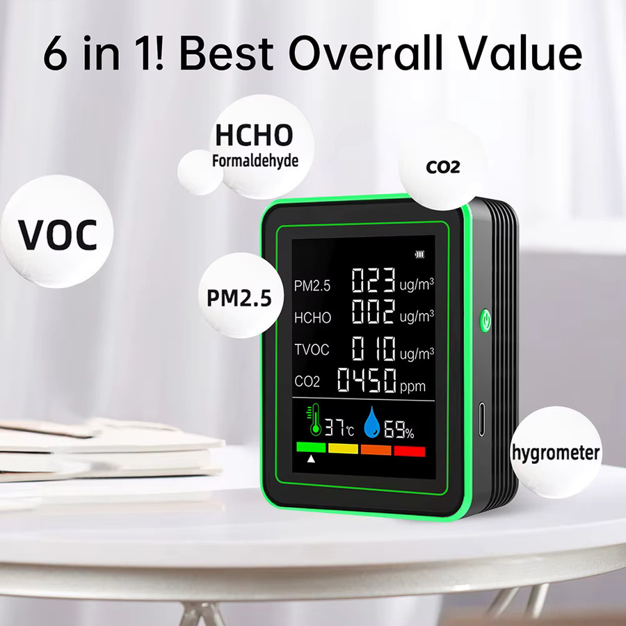 Voktta 6-in-1 Luftqualitätsmonitor in Schwarz zur Messung von CO2, Formaldehyd, TVOC, PM2,5, Temperatur und Luftfeuchtigkeit - Bild 2