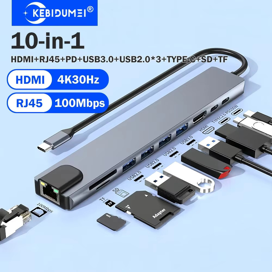 KEBIDUMEI 10-in-1 USB-C Dockingstation in Grau mit 4K HDMI, Ethernet, PD 100W, 4 USB-Anschlüssen sowie SD und TF Kartenleser für Laptop und MacBook Pro Air - Bild 6