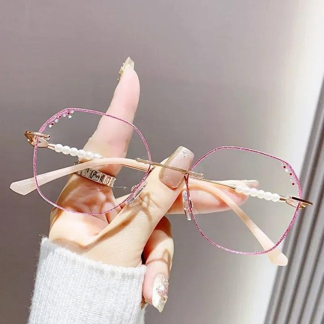 Yiran glasses Lesebrille für Damen, randlos, hexagonal, Metall, pink, Anti-Blaulicht, 3.5 - Bild 1