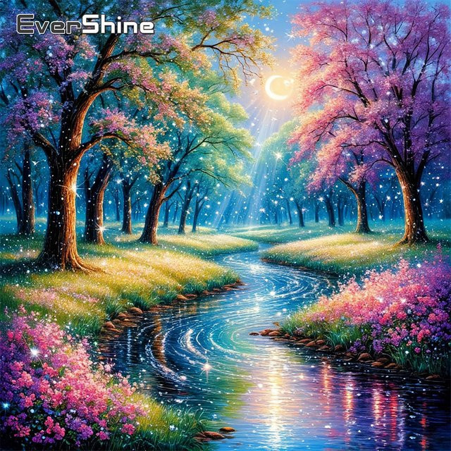 Evershine Diamant-Stickerei Landschaft mit Kirschblüten und Wald-Baum, Vollquadrat-Gemälde in Mehrfarbig, Wandkunst - Bild 1