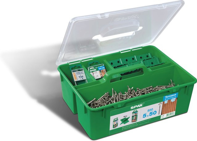 Spax Terrassenbau-Profiset GREEN Box aus Edelstahl für Terrassen von 25 bis 28 m2 mit Torx-Antrieb und Senkkopf - Bild 1