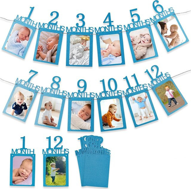 Baby Erster Geburtstag Banner Foto-Wachstumsprotokoll 1-12 Monate Dekoration in Blau aus Papier - Bild 1