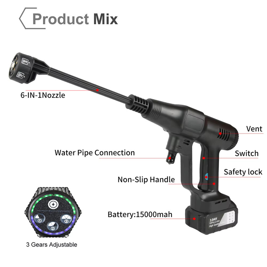 HGTUGO 18V Kabellose Hochdruck-Wasserpistole mit 200 Bar und 3500W, Drahtloser Schaumgenerator und Autowaschpistole für Auto, Haus und Garten in Grau-Schwarz - Bild 6