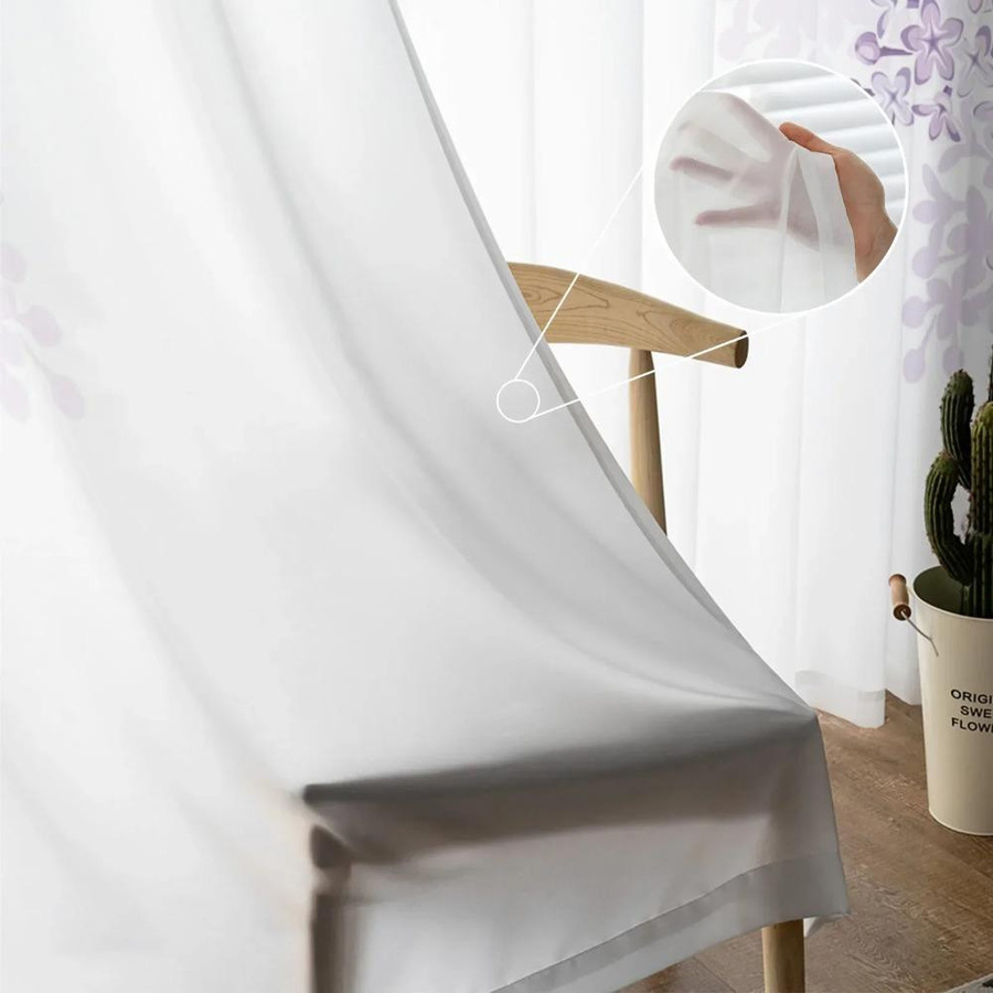 Yiran Furniture Transparentes Tüll-Fensterdekoration Set mit Glyzinienblüten in Weiß, Organza-Voile-Vorhang mit Ösen, Breite: 135 cm, Höhe: 115 cm - Bild 1