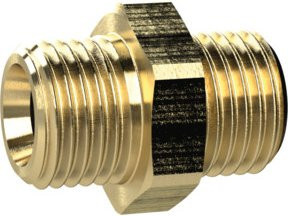 Riegler Doppelgewindenippel aus Messing in Gold, zylindrisch, G 1 1/2 a. auf G 3/4 a., SW 50 - Bild 1
