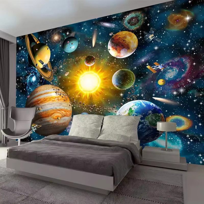 Moderne 3D Foto Tapete für das Kinderzimmer mit handgemaltem Cartoon Universum Sternen und Planeten in Multicolour von Jiadou - Bild 4