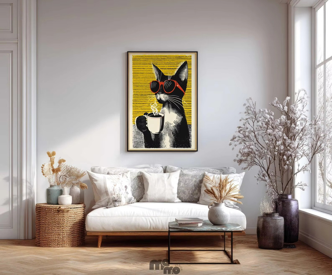 Vintage Pop-Art Poster von SHENCHEN mit lustiger Katze in roter Sonnenbrille, Wandkunst aus mattem Papier in Multicolor - Bild 3