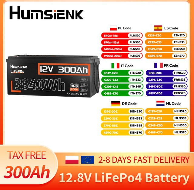 Humsienk LiFePO4 Batterie 12V 300Ah mit 3968Wh Energie und 200A BMS aus Grade A+ Zellen in Schwarz - Bild 1