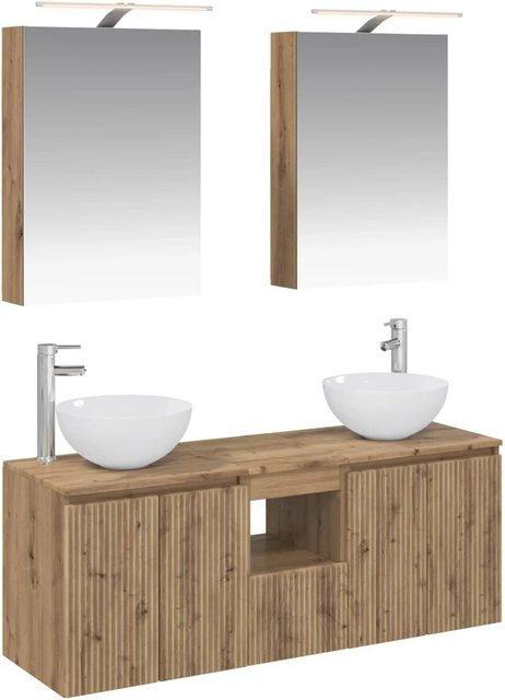vidaXL Badezimmerschrank-Set 5-teilig in Artisan-Eiche, modern und matt, mit LED-Beleuchtung und Spiegelschrank, Farbe: Braun, B/T/H: 50 x 14,5 x 70 cm - Bild 1