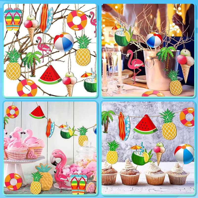 12er Set Holz Flamingo Kokosnuss Ornamente als DIY Malset für Kinder zur Dekoration von Sommerfesten und Poolpartys, mehrfarbig mit Aufhängung - Bild 3