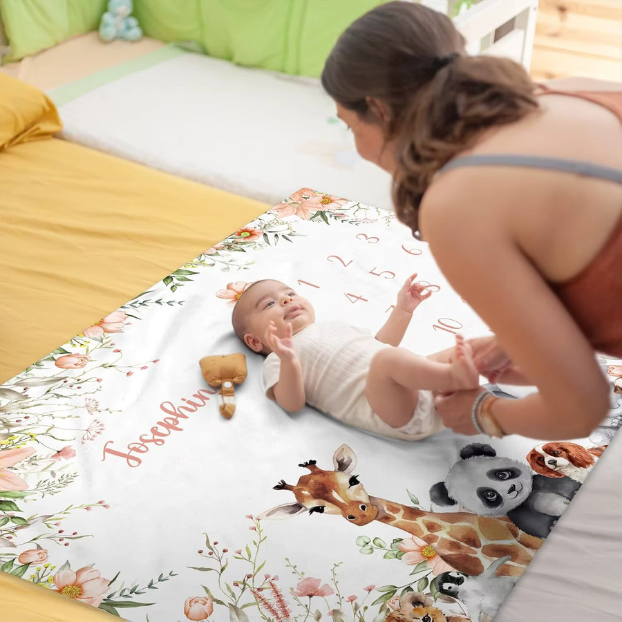 VIKAMA Baby Meilenstein-Decke mit Cartoon-Tierdruck zur Dokumentation des Wachstums, Mehrfarbig - Bild 2