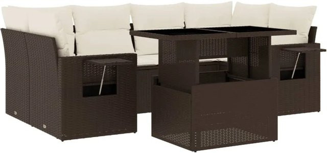 vidaXL 7-tlg Garten-Sofagarnitur in L-Form aus Polyrattan mit cremeweißen Kissen in Braun - Bild 1