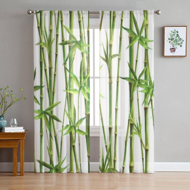 Luxuriöse Chiffon-Sichtvorhänge mit Bambusbaum- und Stängel-Motiv von Super Six, Farbe: Weiß, B/H: 135 x 114 cm - Bild 1