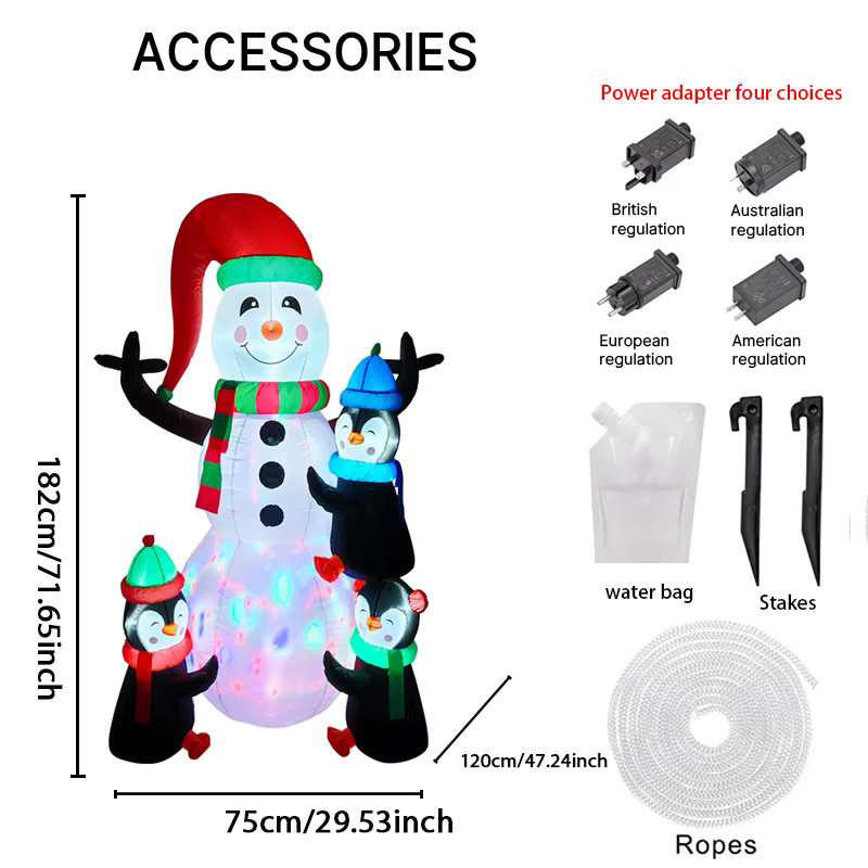 TONGHUANIU Aufblasbare Weihnachtsdekoration mit Schneemann und Pinguinen, LED-Beleuchtung, Mehrfarbig, Höhe: 180 cm - Bild 3