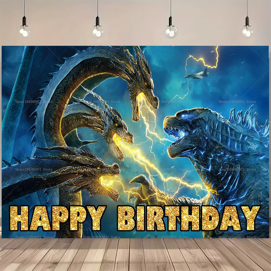 Monster Godzilla King Kong Happy Birthday Hintergrundbanner für Kinderpartys mit Tierkampf-Motiv, B/H: 150 x 100 cm, Mehrfarbig - Bild 3
