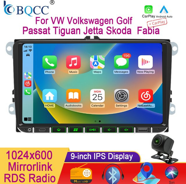BQCC 9 Zoll Autoradio mit Carplay Touchscreen und RDS für VW Volkswagen Golf Polo Tiguan Passat in Schwarz - Bild 1