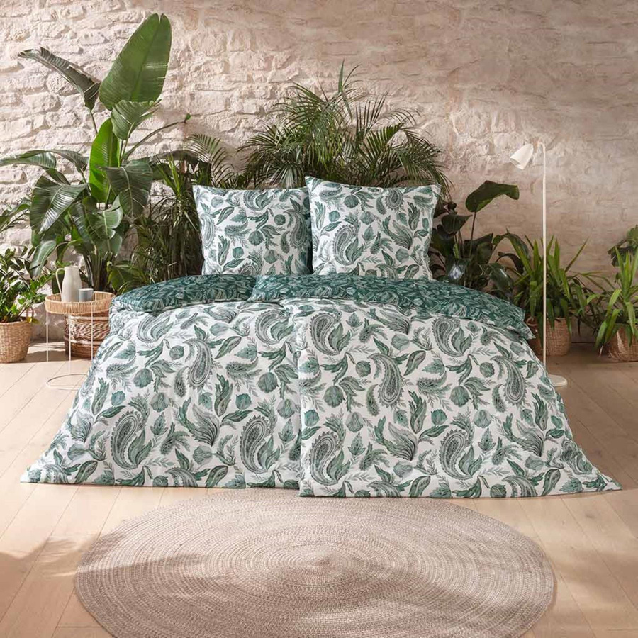 Estella Bio Mako Satin Bettwäsche Medina Paisley Wende Design Petrol und Weiß, B/H: 155 x 220 cm mit Kissenbezug 80 x 80 cm - Bild 1