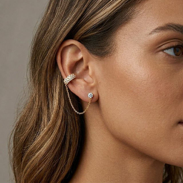 amofa Piercing-Ohrring, Quasten-Ketten-Ohrstecker, Gold, Zirkonia, Damen - Bild 1