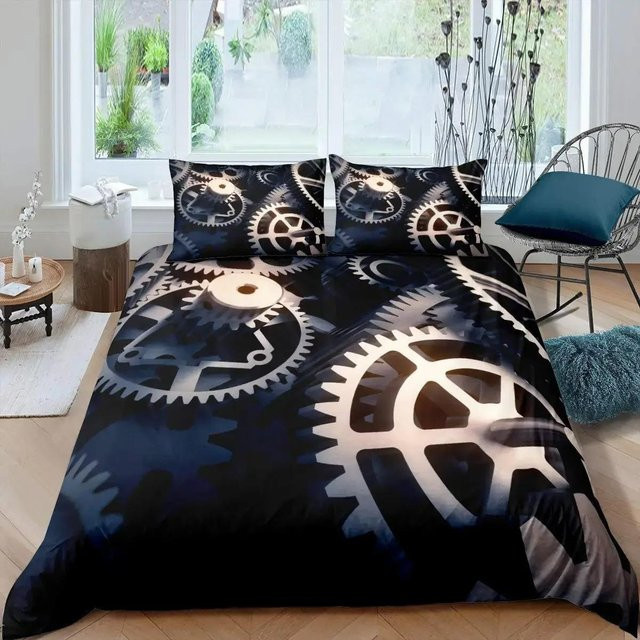 Ndustrial Gear Bettwäsche-Set im Steampunk-Stil mit mechanischen Zahnrädern, King-Size, Farbe: Schwarz, B: 245 cm, H: 210 cm - Bild 1