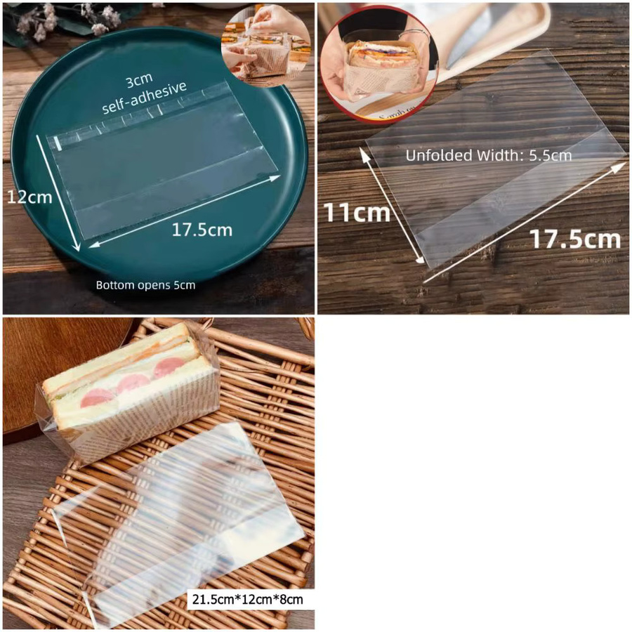 100 Stück transparente Sandwich-Verpackungstaschen aus Kunststoff mit Selbstklebe-Abdichtung für Lebensmittel und Hamburger - Bild 5