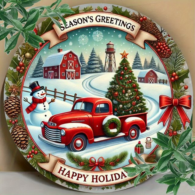 Potdemiel Vintage-Weihnachtskranz-Schild aus Eisen mit Schneemann und rotem LKW, runde Hängedekoration für Haus und Garten, Durchmesser: 20,3 cm - Bild 1