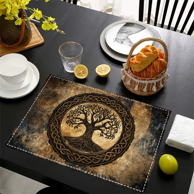 VIKAMA Tischsets 4er-Set mit Lebensbaum-Motiv in Braun, rechteckige und rutschfeste Tischsets aus Kunstleder, waschbar - Bild 2