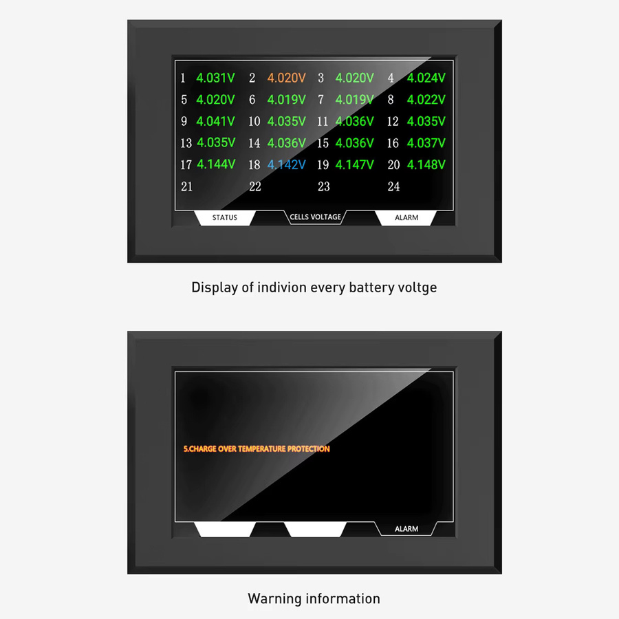 Jikong Smart BMS 4,3 Zoll LCD-Bildschirm mit TFT-Touchscreen zur Anzeige von Spannung, Strom, SoC und Temperatur in Schwarz, B: 88,5 mm, H: 135,9 mm - Bild 3