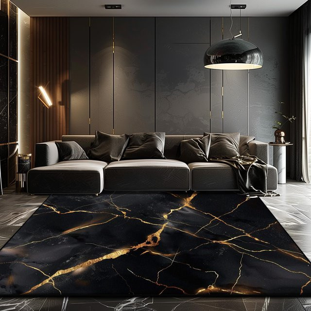 JGJG Wohnzimmer Teppich in Schwarz Gold Marmor Design, weich und rutschfest, B/T: 90 x 60 cm - Bild 1